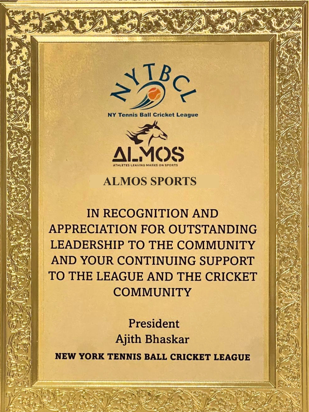 NY Tape Ball Cricket League Honors Almos Sportsfor Outstanding Leadership