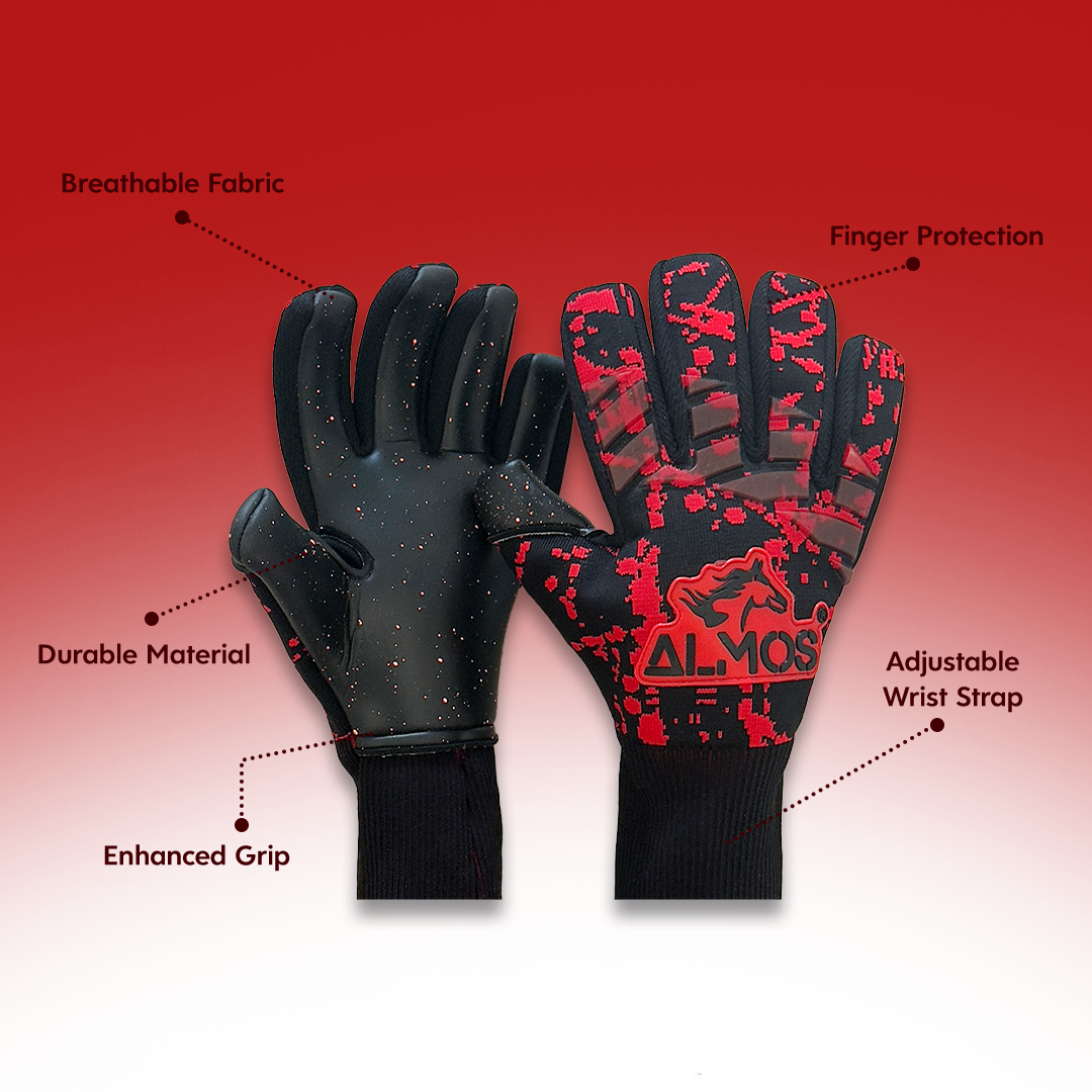 Almos Soccer Max Pro Gel Goalkeeper Gloves – Red & Black | Sizes 7–9