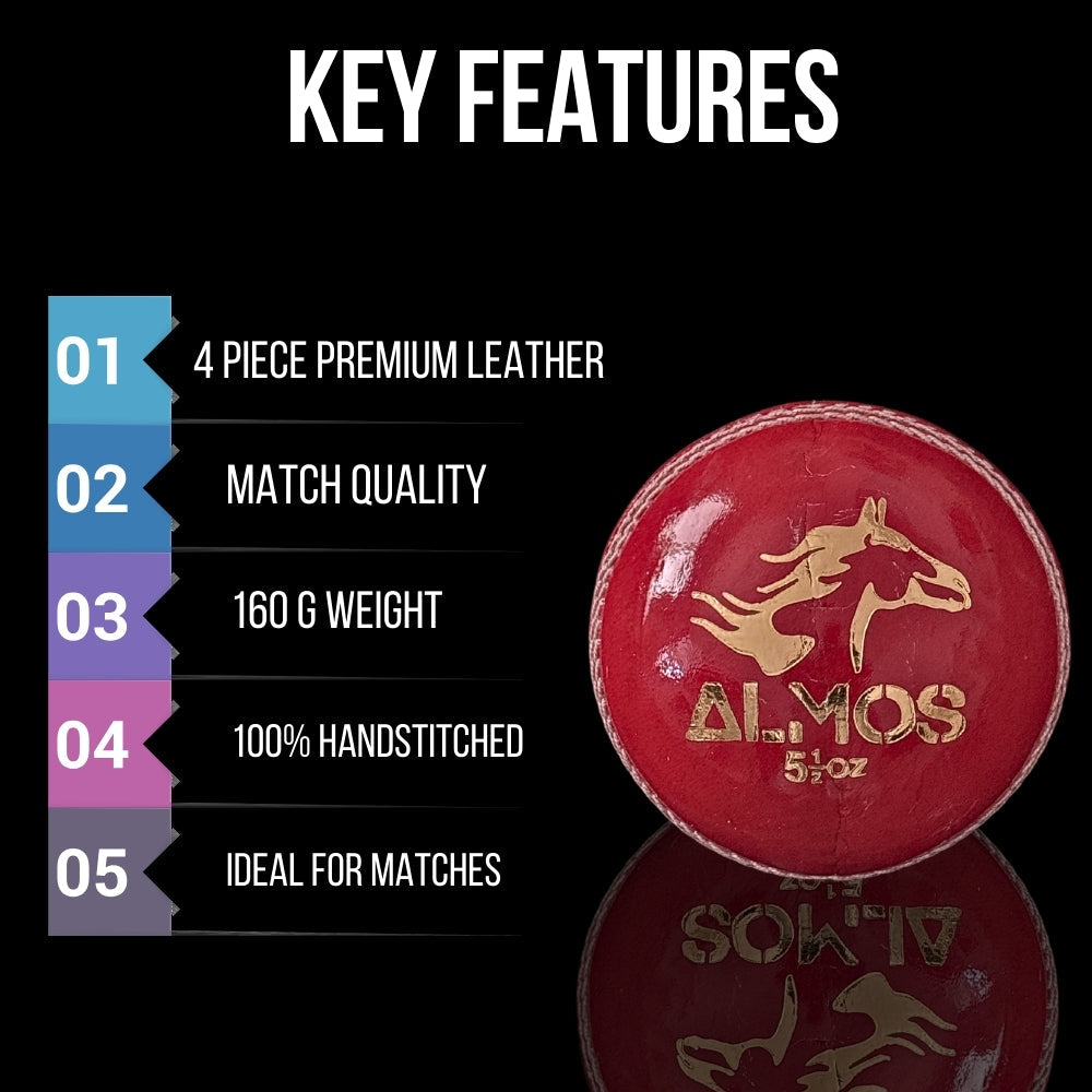 Almos Sports Cricket Hard Ball Red - Pack of 6 Premium Leather Ball