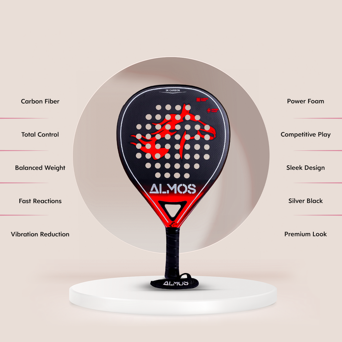 Almos 3K Carbon Padel Racket – EVA Foam Paddle with Carry Bag 
