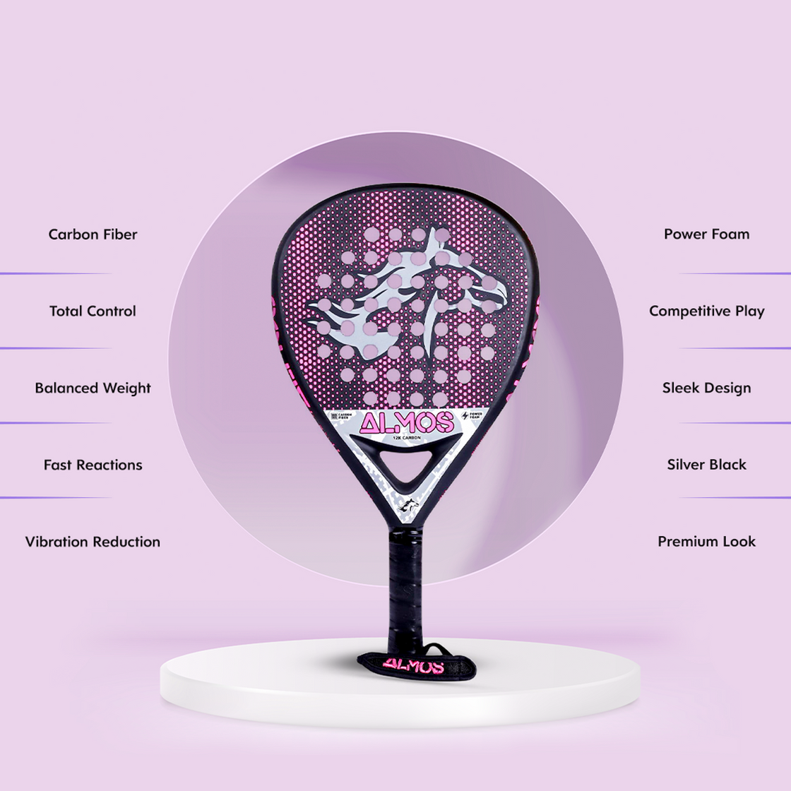 Almos 12K Carbon Padel Racket – EVA Foam Paddle with Carry Bag 