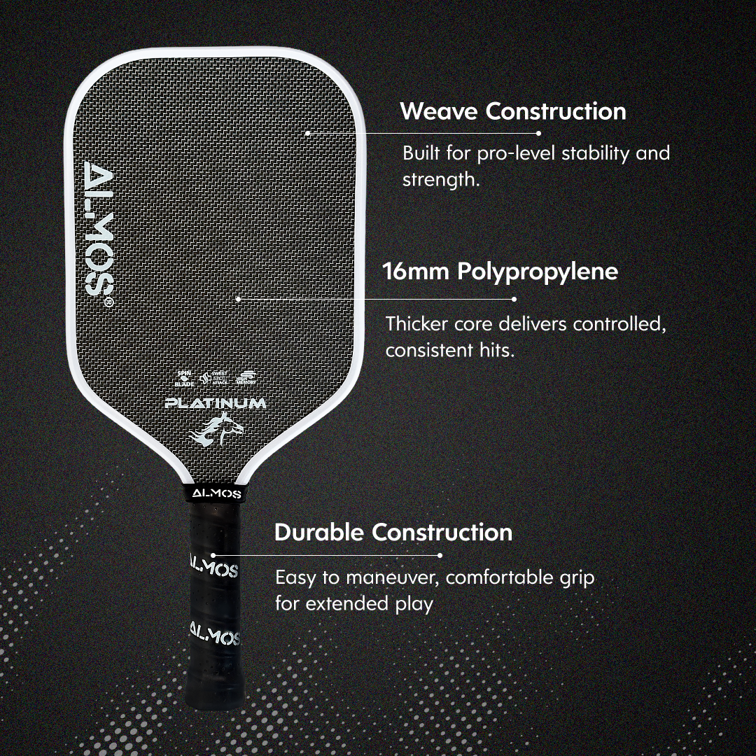 Almos Sports Platinum Pickleball Paddle – Titanium Weave, Polypropylene Core, 16mm Control Paddle for Power, Spin & Stability 