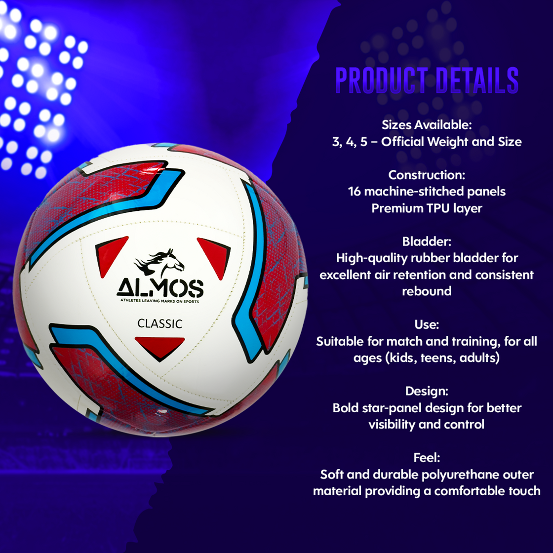 Almos Impact Training Football – Size 5, 16 Panel TPU Ball for Grass & Astro 