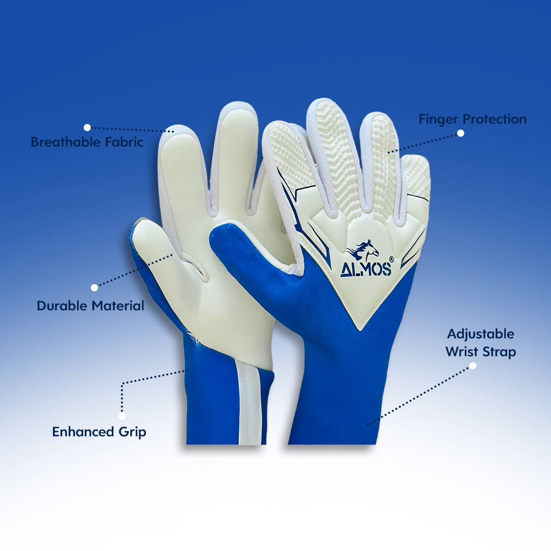 Almos Soccer Max Gel Goalkeeper Gloves – Blue & White | Sizes 7, 8, 9 