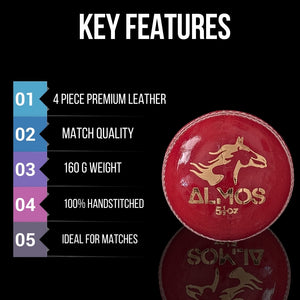Almos Sports Cricket Hard Ball Red - Pack of 6 Premium Leather Ball 