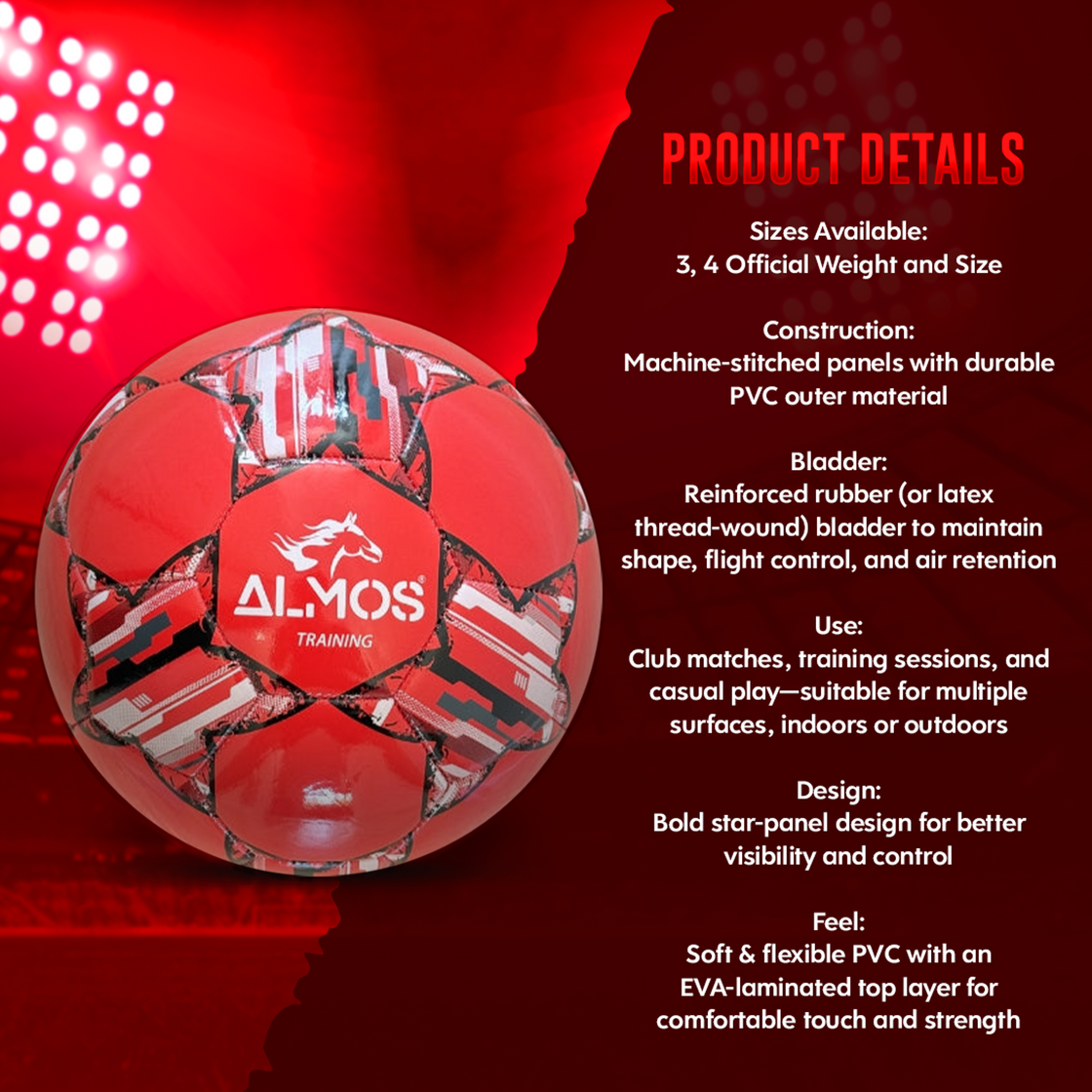 Almos Training PVC Soccer Ball – Size 4 & 5 | Blue, Red & Pink 