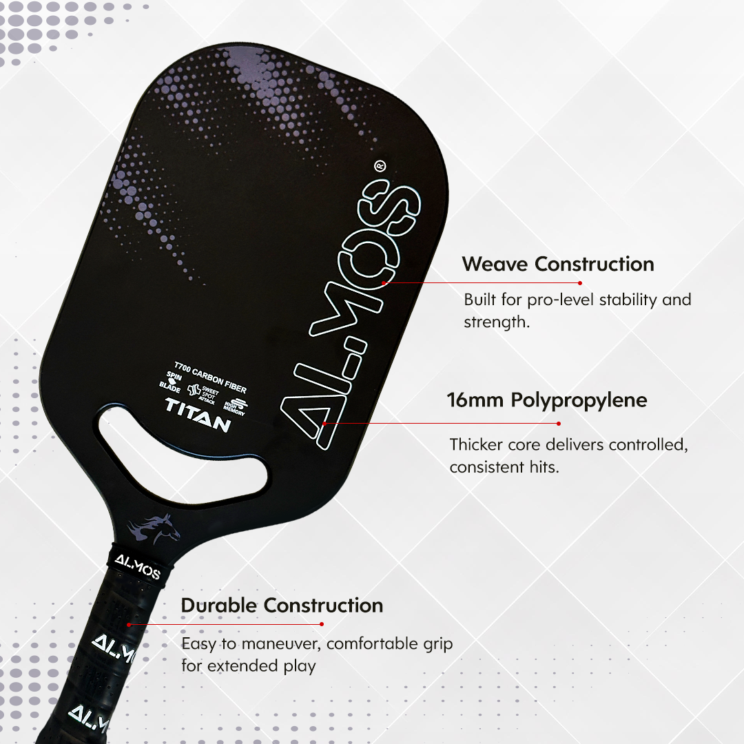 Almos Sports Titan Pickleball Paddle – T700 Carbon Fiber, Polypropylene Core, 14mm Control Paddle for Power & Spin 