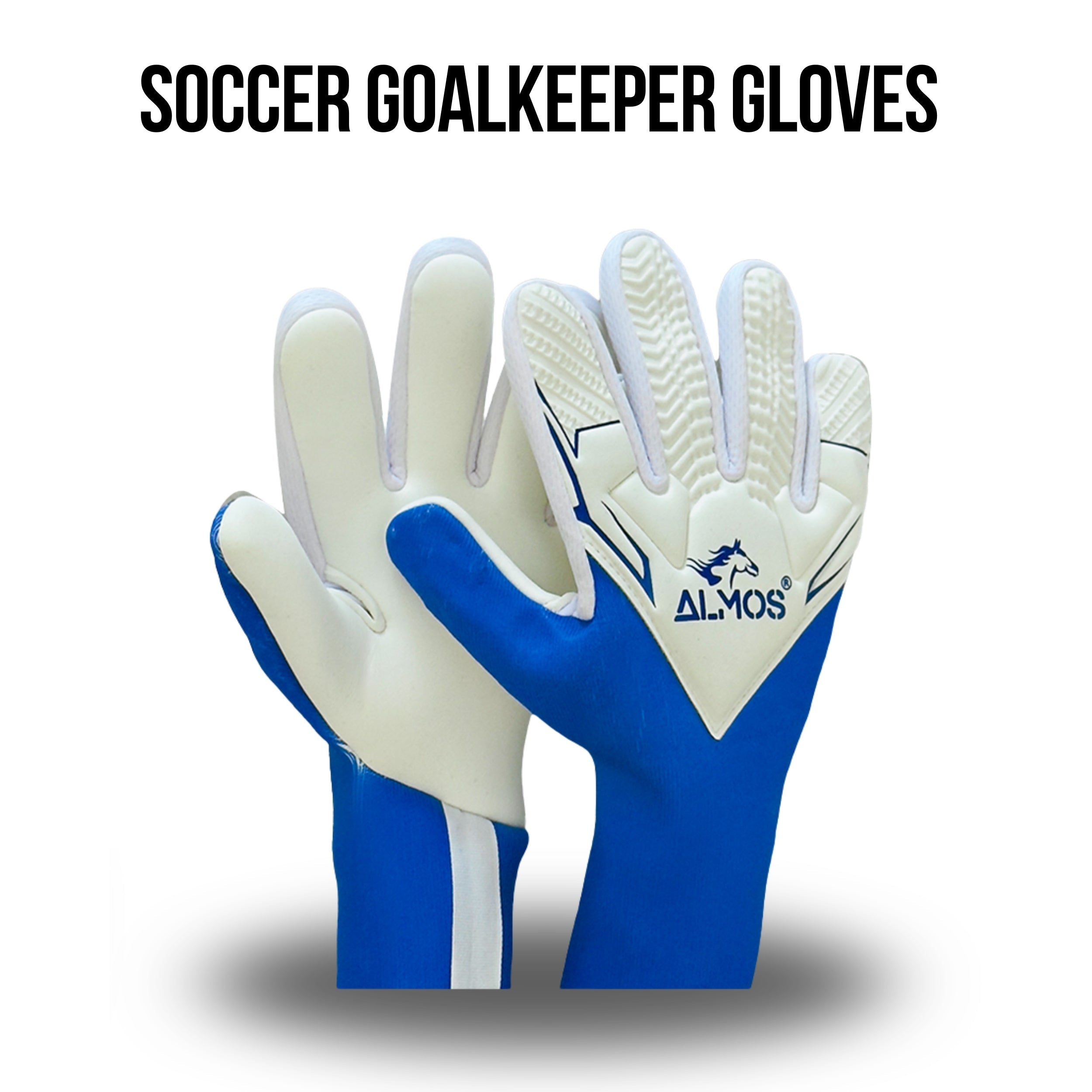 Almos Soccer Max Gel Goalkeeper Gloves – Blue & White | Sizes 7, 8, 9 