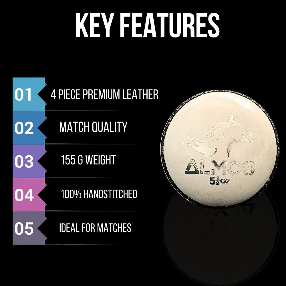 Almos Sports Cricket Hard Ball White - Pack of 6 Premium Leather Ball 